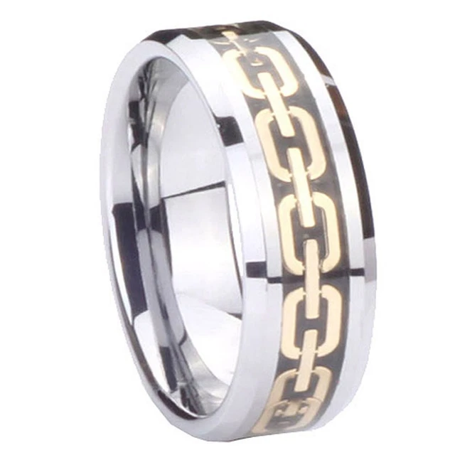 8mm Tungsten Carbide Gold Chain Design Men Bands Ring Size 6 to 13