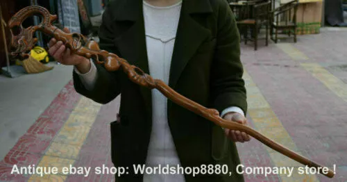 38" Antique Old Chinese Boxwood Carving Dragon Head Crutch Walking Stick Crozier