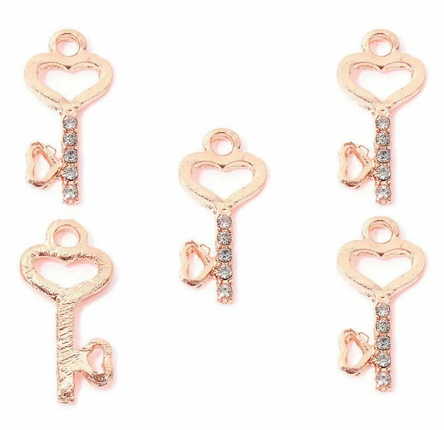 Anhänger 2 Stück Charms Schlüssel Herz Strass rosegold 23x10mm C152