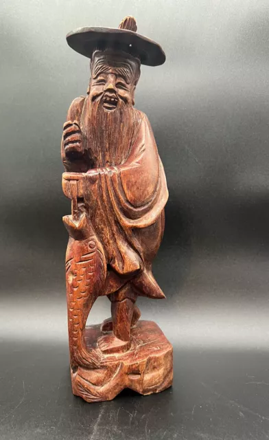 Wooden Handcarved Fisherman Sculpture  Statue Chinese Figure Root Laughing