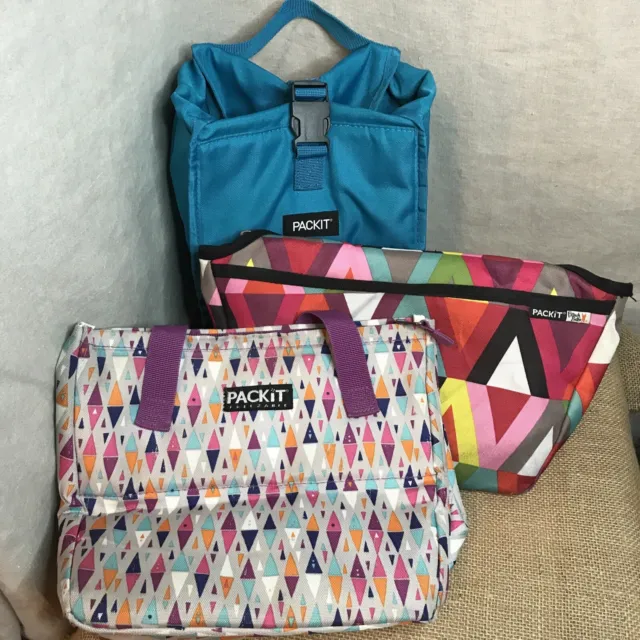 Lot of 3 Packit Freezable Lunch Bags with Zip Closure Geometric Multi Turquoise