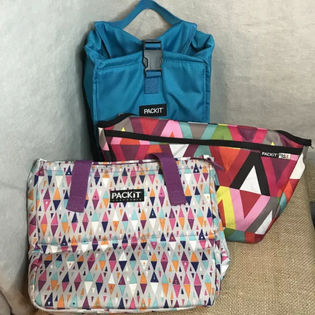 Lot of 3 Packit Freezable Lunch Bags with Zip Closure Geometric Multi Turquoise Lot of 3 Packit Freezable Lunch Bags with Zip Closure Geometric Multi Turquoise