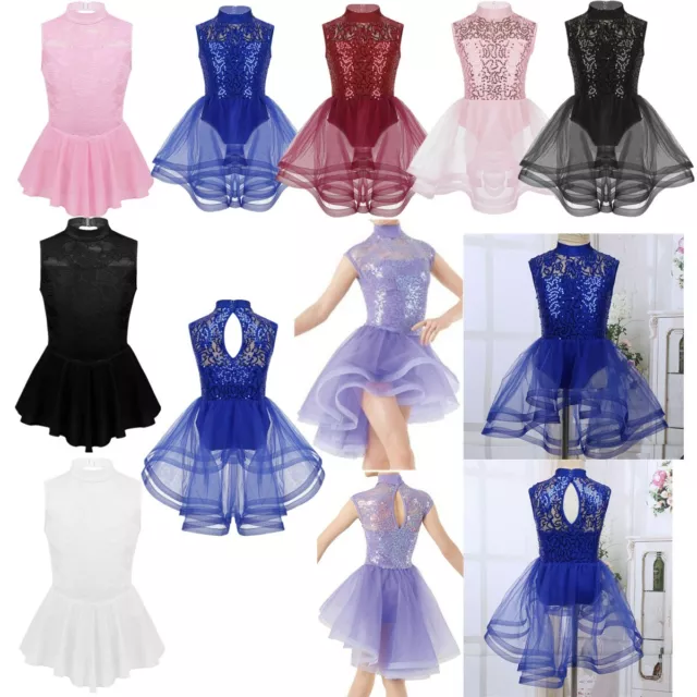 Girls Floral Lace Ice Skating Dress Ballet Dance Leotard Gymnastics Show Costume