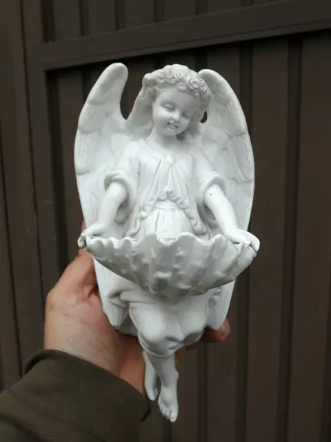 Antique french letu mauger marked Bisque porcelain angel holy water font