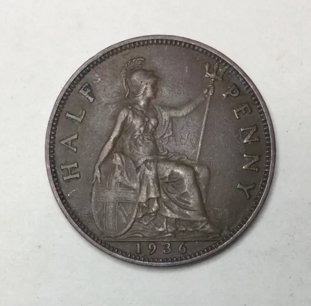 1936 KGV ENGLISH HALF PENNY COIN. Lovely quality, clearly detailed old coin.