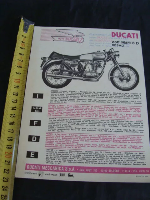 Foglio Pubblicitario Moto Ducati 250 Mark 3 Desmo Brochure Old Bike 1 Pagina