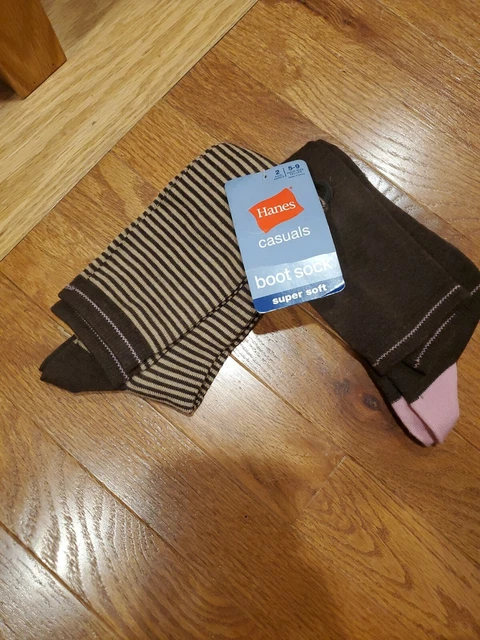 New Hanes Sz 5-9 Casuals Boot Socks 2 Pair Brown Light Brown Stripes Green