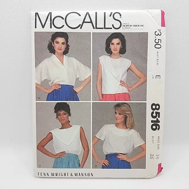 McCall's 8516 Misses' Pullover Blouse Shirt Tops Sewing Pattern Size 14 Uncut