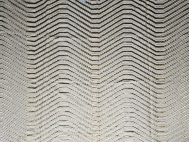 Travers Zig zag Embroidery, Gold, bronze & cream on Linen ground