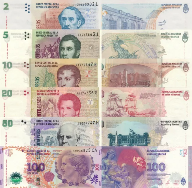 Argentina 6 PCS Set: 2,5,10,20,50,100 Pesos (2013-2018) - p-352 to p-358c UNC