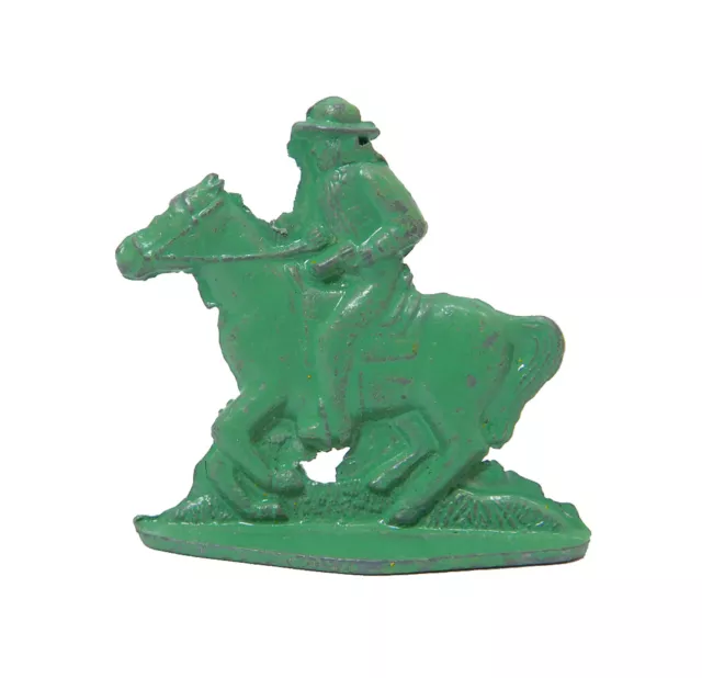 1910's CRACKER JACK PRIZE COWBOY ON HORSE GUN DRAWN METAL TOY STAND UP GREEN