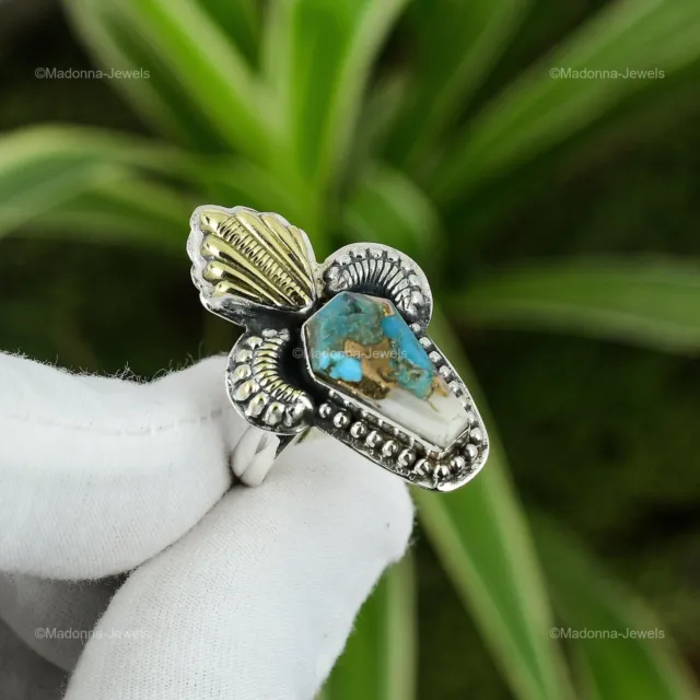 Natural Copper Blue Turquoise Gemstone Promise Flower Adjustable Ring 925 Silver