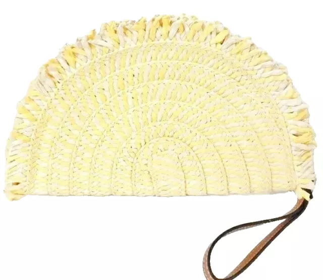 Raffia Fringe Half Moon Clutch Bag Yellow Natural Multi with Strap New with Tags