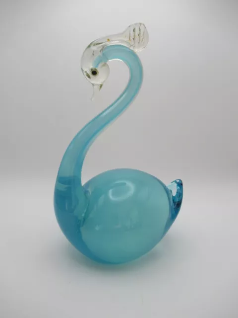 Vintage MCM Murano Art Glass swan cerulean blue gold accents 5.5" hand blown