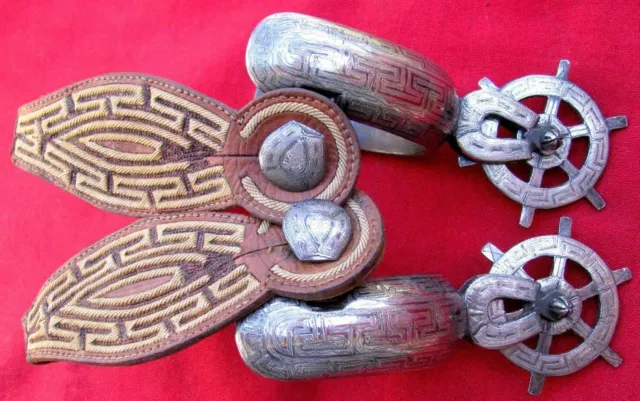 Antique Ornate Dbl Mtd Silver Inlaid Engraved Round Rowels Fancy Strap Spurs