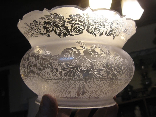 Antique Vintage Acid Etched Gas Kerosene Oil Lamp Shade Floral Pattern Eastlake