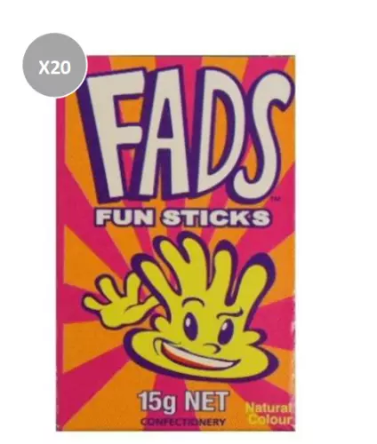 900866 20 X 15g BOXES OF THE FADS FUN STICKS LOLLIES CANDY MUSKY FLAVOUR SNACK