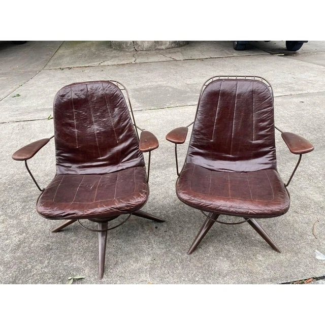 Pair Mid Century Mod Homecrest Brown Swivel Rocker Chairs Brown Leather Pads