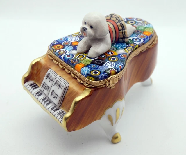New French Limoges Box Bichon Frise Dog Grand w Piano Venice Murano Millefiori