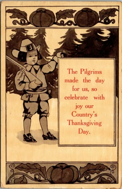 Vintage Postcard Thanksgiving Day Greetings Pilgrim Pumpkins Trees