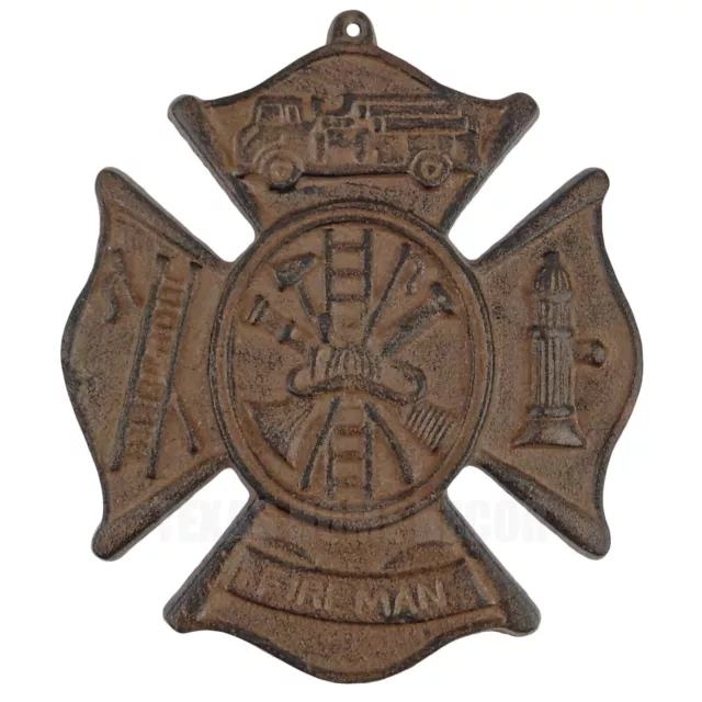 Cast Iron Fireman Firefighter Wall Plaque Cross Shield Rustic Brown Patina 9 in