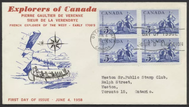 1958 #378 La Verendrye FDC, Block, Personal Cachet, Ottawa