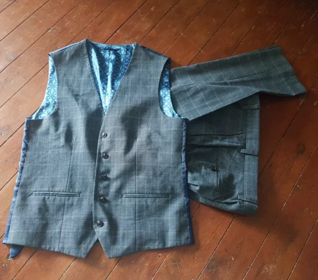 NEXT TAILORING Blue Check Waistcoat Trousers Suit Set, WC 38" Trs 32W 31L Slim