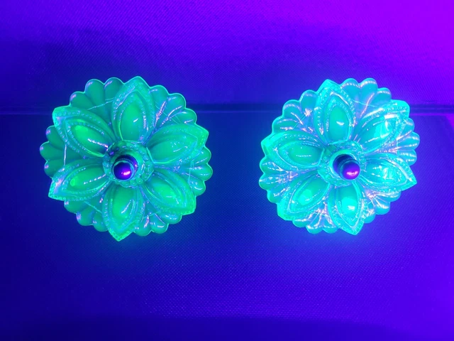 Pair of Uranium Green Vaseline Glass Flower Curtain Tie Backs 3 1/2" diameter