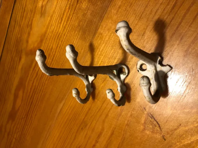 Antique Farmhouse Coat Hat Hook- Lot Of 3-distressed White- Reclaimed