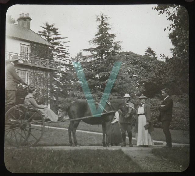 Antique Lantern Slide - Country House, People, Horse & Cart
