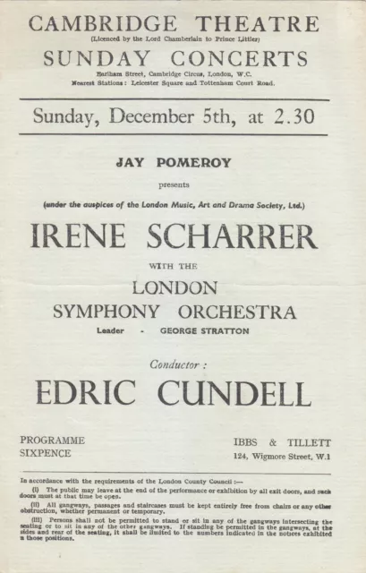 Concert Programme 1943 Cambridge Theatre Irene Scharrer Edric Cundell
