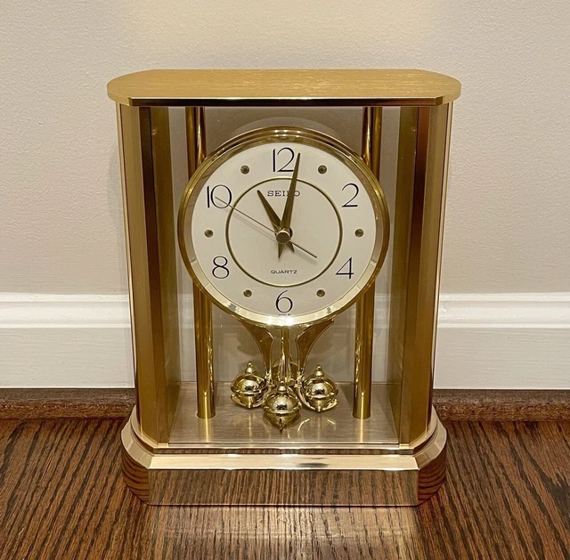 VINTAGE SEIKO QUARTZ Mantel Clock with Rotating Pendulum Gold Metal