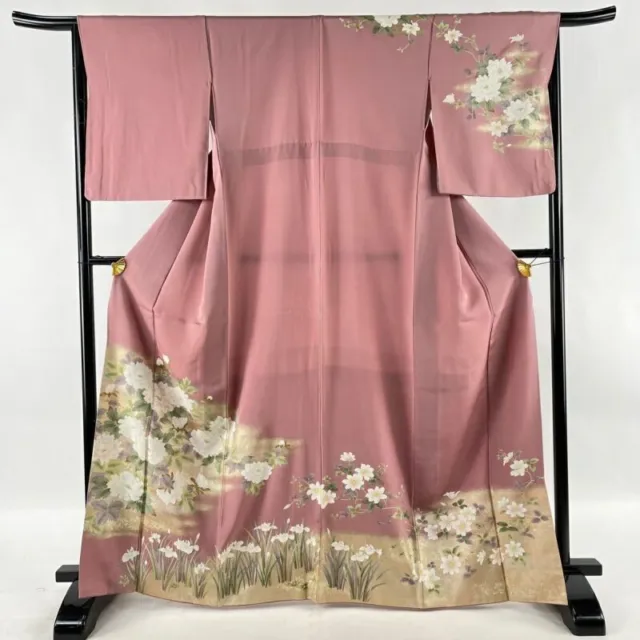 Woman Japanese Kimono Houmongi Silk Chrysanthemum Haze Gold Foil Pink
