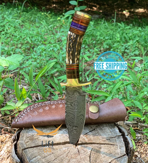 Custom Stag Horn HAND FORGED DAMASCUS STEEL KNIFE With Brass Guard Hunting Blade