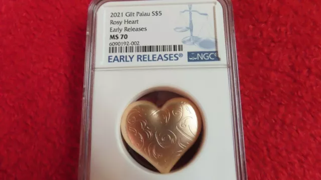 2021 Palau Rosy Heart 3D Heart Shaped 1 oz Silver Rose Gold Gilt Satin NGC MS70