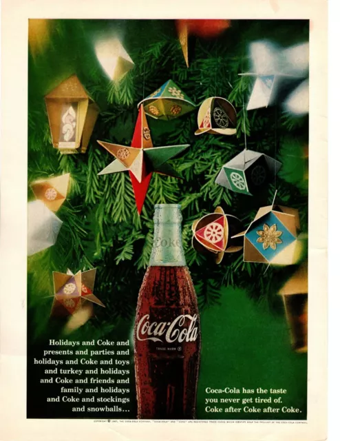 1967 Coca Cola Christmas Tree Ornament Holiday Ice Cold Coke Bottle Print Ad
