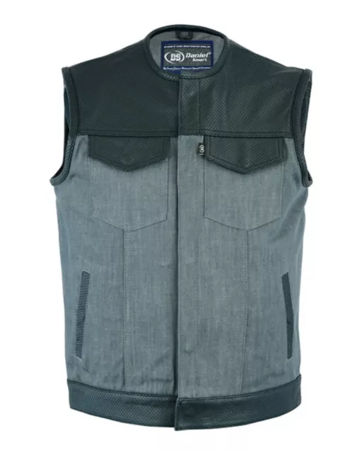 Men's Black Ash Gray Leather Denim Vest Conceal Pockets Close-Out Sale - Ma87 3