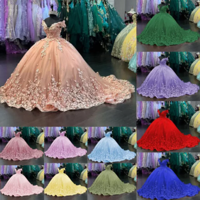 3D Flowers Quinceanera Dresses Off Shoulder Prom Party Ball Gowns Sweet 15 16