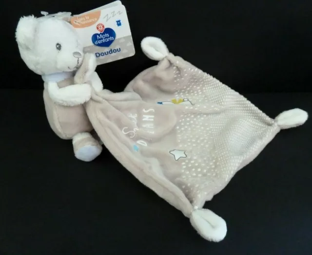 V20. Doudou Peluche Mots D'enfant Ours Blanc Gris Beige Bleu Mouchoir Lapin Neuf