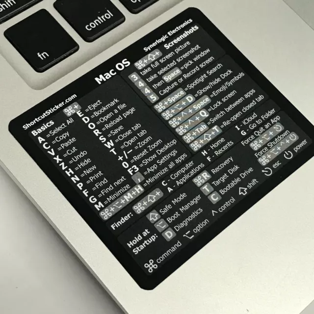 SYNERLOGIC Mac OS Reference Keyboard Shortcut Guide Black Glossy Vinyl Sticker