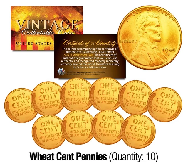 (Lot of 10) 1940's/50's Geninue Lincoln Head WHEAT Pennies Coins 24K GOLD PLATED