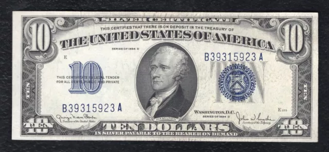 1934-D $10 Ten Dollars Blue Seal Silver Certificate Note About Uncirculated