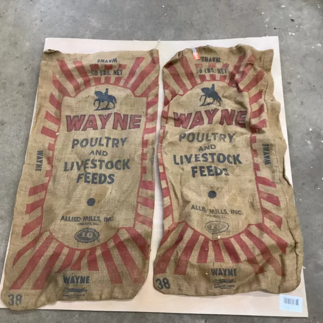 2 Vtg Burlap Grain Sack Feed Bag Wayne Poultry & Livestock 50 Lbs Antique Farm