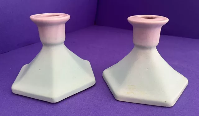 Arts Crafts 1920's Weller Lavonia Pastel  Art Pottery Set 2 Candlesticks Holders