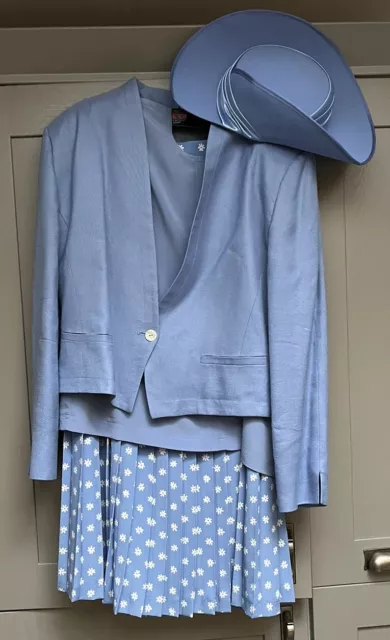 Vintage Viyella Powder Blue Skirt Top Blazer And Hat Size 14 Worn Once