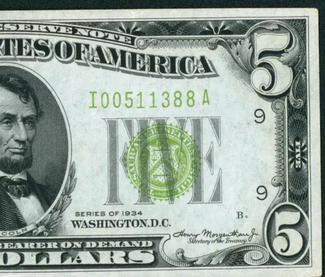 $5 1934 (( AU )) LGS LIME ((LIGHT GREEN SEAL)) Federal Reserve Note CURRENCY