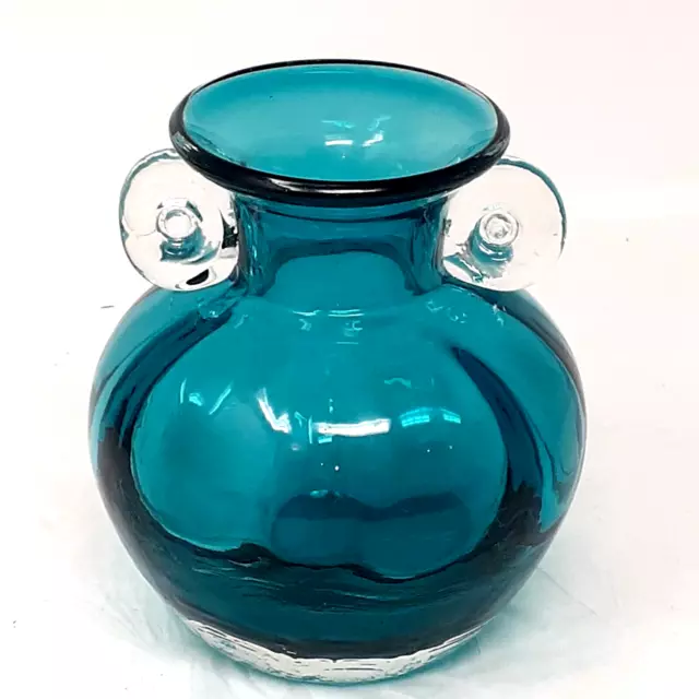 Vintage Art Glass Teal Green Vase with Applied Clear Glass Handles 5"T