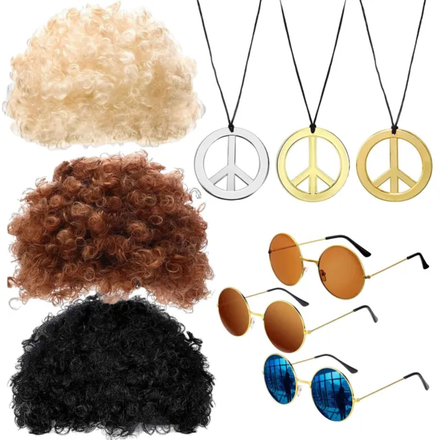 Hippie Costume Set Funky Afro Wig Sunglasses Necklace for 50/60/70S Theme Party