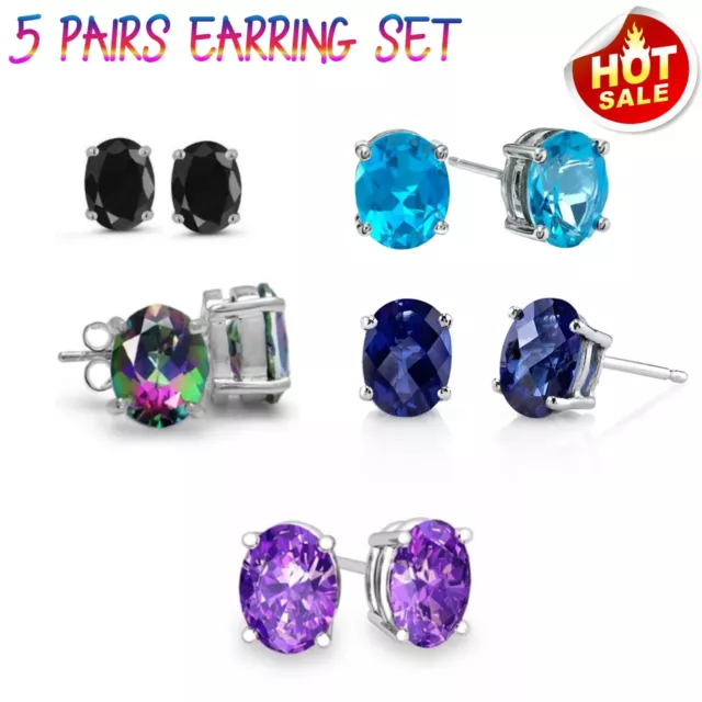 Women Earrings Jewelry Silver 5 Pair/Set Oval Stud Set 18K White Gold Plated CZ