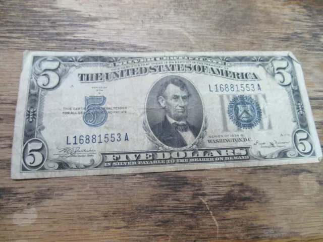 Nice Shape!! 1934 B $5 Silver Certificate Blue Seal - Wash Dc / Vinson Free Ship
